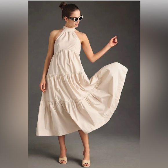 ANTHROPOLOGIE MAEVE SLEEVELESS TIERED HALTER MIDI DRESS COLOR OYSTER SIZE 8P NWT - Picture 8 of 16